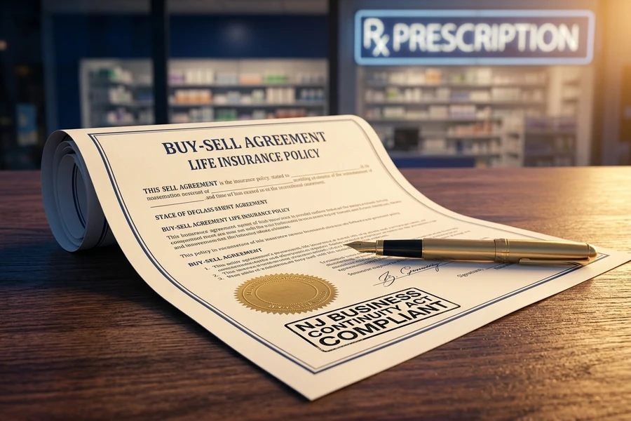 Diagram showing how a life insurance funded buy-sell agreement protects NJ business partners