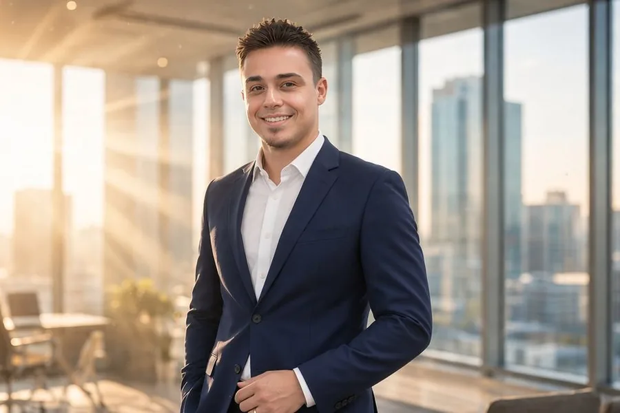 Kevin Gaviria con traje azul en una oficina luminosa con vista a la ciudad, listo para hablar de opciones de financiamiento