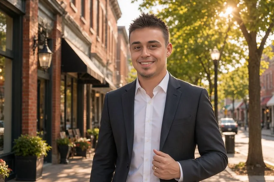 Kevin Gaviria, socio referidor de financiamiento para negocios en New Jersey, sonriendo en una calle comercial soleada