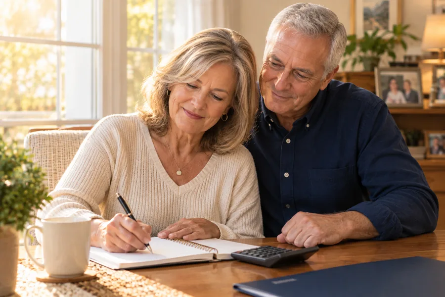 Older couple at a table writing in a notebook next to a calculator and a coffee mug, planning together