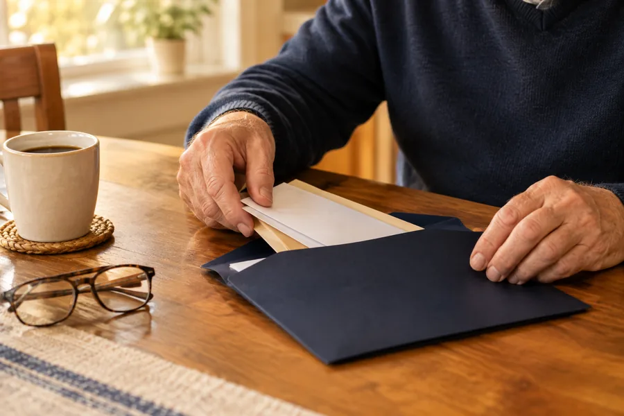 Manos de un señor mayor guardando papeles en una carpeta azul sobre la mesa, junto a un café y unas gafas